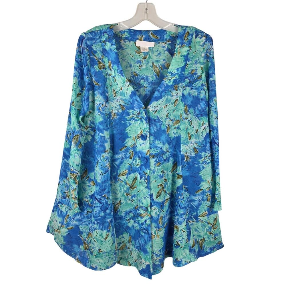 BCBG Paris Blue Abstract Floral Tunic Blouse Size Small Made in USA Long Sleeve